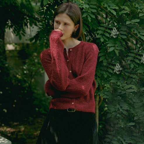 노운베러 Soft round neck knit cardigan_Red