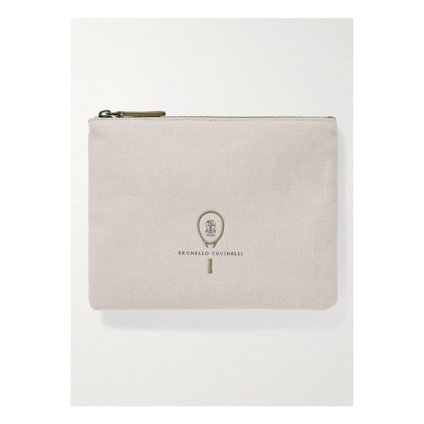 브루넬로쿠치넬리 자수 가죽 트리밍 코튼 리넨 혼방 트위드 파우치 1647597331850475
