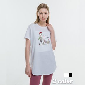 고양이와 걸 하프 라운드 반팔티 빅사이즈 루즈핏 면티 레이어드 티셔츠