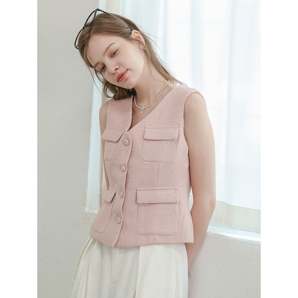 DD_Button tweed sleeveless vest_PINK