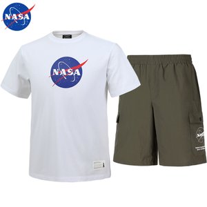 NASA 나사 남녀공용 면 라운드 반팔티+우븐 5부 반바지 상하세트 N-155UWH+N-056PDK 남자 여성 티셔츠 숏팬츠 여름바지 빅사이즈