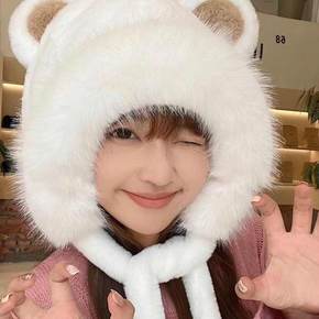 곰돌이 목돌이 모자 겨울 털모자 귀달이 양털 방한 귀마개 여자 겨울코디