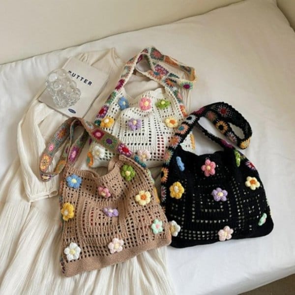 [옷자락] 여성 에스닉 꽃패턴 짜임 뜨개 니트 숄더백