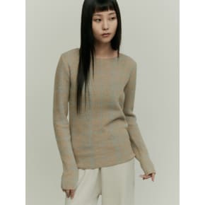 ALPACA BLEND BOAT NECK KNIT TOP CHECK MUSTARD