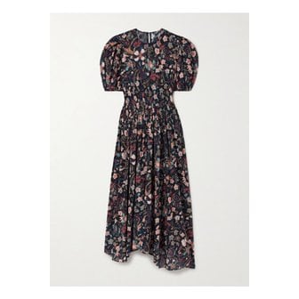 울라존슨 에덴 셔링 개더 프린트 코튼 혼방 미디 드레스 블랙 1647597333662173