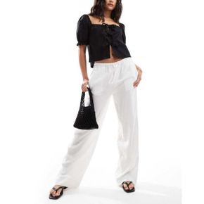 5094138 Mango linen straight leg relaxed pants in white