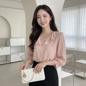 러플 카라 라운드넥 진주버튼 쉬폰 블라우스 사랑스러운 브라우스