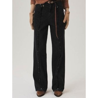 쿠메 Relaxed Center-Frayed Denim Pants, Black