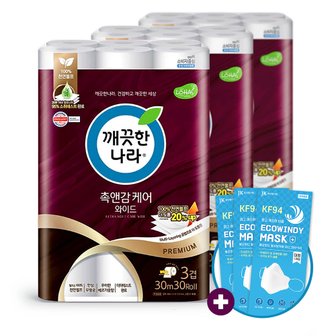 깨끗한나라 촉앤감 케어 와이드 화장지 30m30롤 3팩+윈디3매
