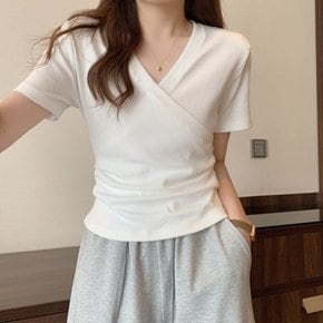 V넥 티셔츠 스판 반팔티 무지 셔링 랩 면티