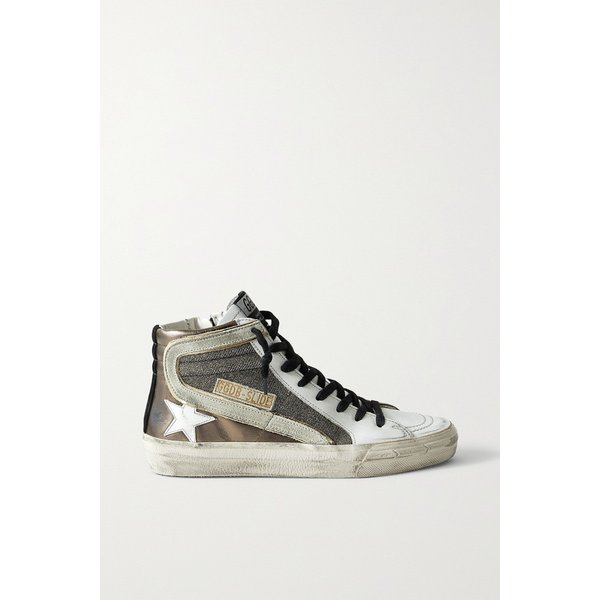 Slide Distressed Suede-trimmed Leather And Lurex High-top Sneakers 건메탈