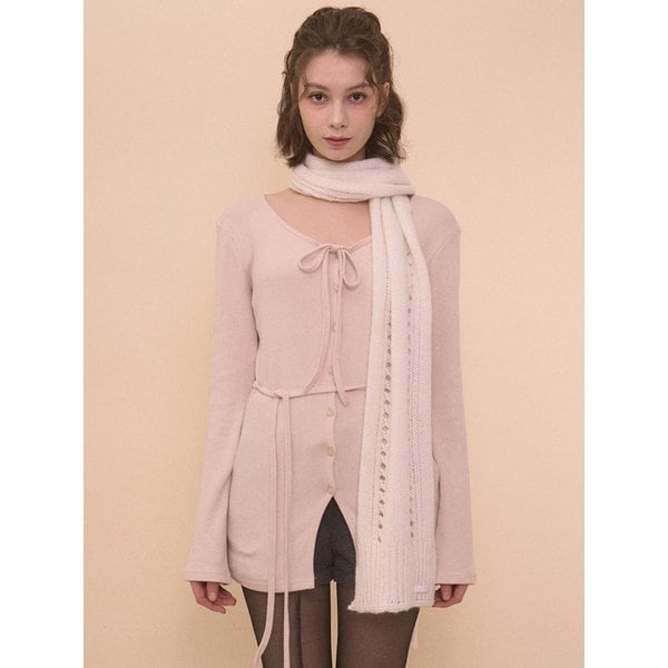 STRAP LONG SLEEVE CARDIGAN-CREAM PINK
