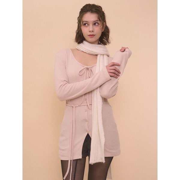 STRAP LONG SLEEVE CARDIGAN-CREAM PINK