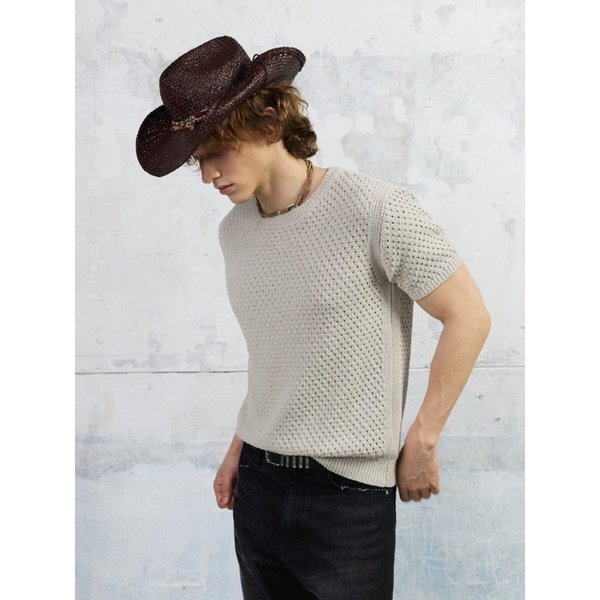 Men Waffle Crochet Short Sleeved Knit Top, Gray