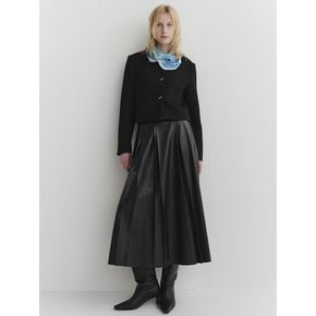 leather pleated long skirt_black