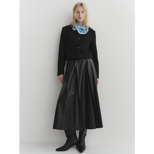 leather pleated long skirt_black