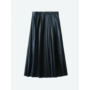 leather pleated long skirt_black