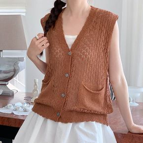 그물 펀칭 니트 조끼 브이넥 단추 베스트 뜨개 민소매 캐주얼 데일리룩_P428837587