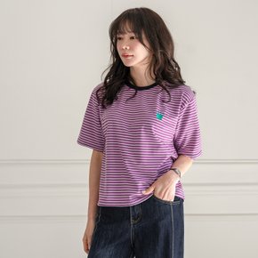 오플레 스트라이프 자수 반팔 티셔츠