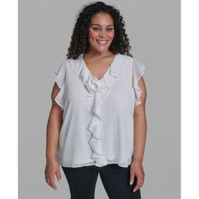칼라거펠트 우먼 플러스 Size Rosette V-Neck Ruffle Blouse 탑 - 소프트 화이트 26622620 13909