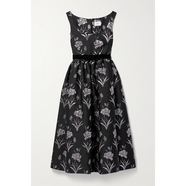 벨벳 트림 메탈릭 플로럴 자카드 미디 원피스 1647597318343495