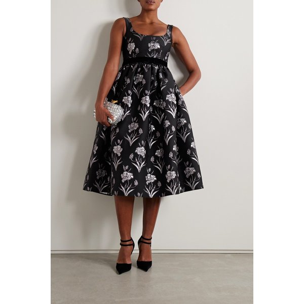 벨벳 트림 메탈릭 플로럴 자카드 미디 원피스 1647597318343495