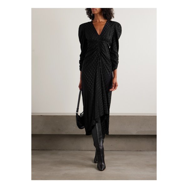 알비니 개더 폴카닷 스트레치 실크 자카드 미디 원피스 46376663162944485