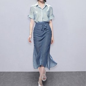 블루 린넨 셔츠 롱 스커트 세트 브렐리투피스
