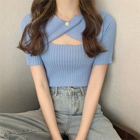 여성 반팔 크롭니트 얇은 꼬임 골지 이너티 (10065362A)