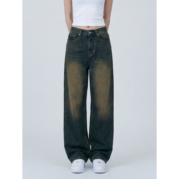 Vintage fade wide washed denim pants Yellow black