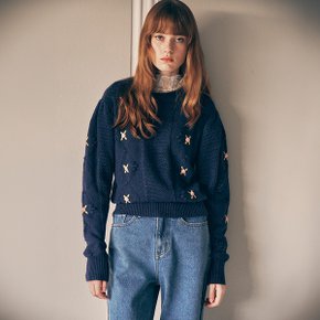 HAND FLOWER EMBROIDERY KNIT NAVY