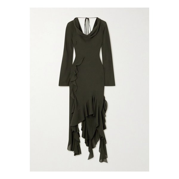 오픈 백 비대칭 드레이프 러플 크레이프 드레스 그린 1647597326701911