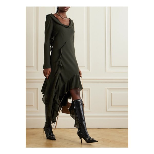 오픈 백 비대칭 드레이프 러플 크레이프 드레스 그린 1647597326701911