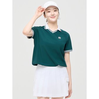 챌린저 여성 에센셜 트리코트 V넥 스트링 반팔티 다크그린