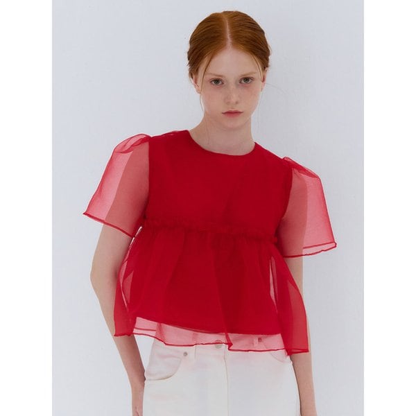 SUMMER ORGANZA SHIRRING BLOUSE RED