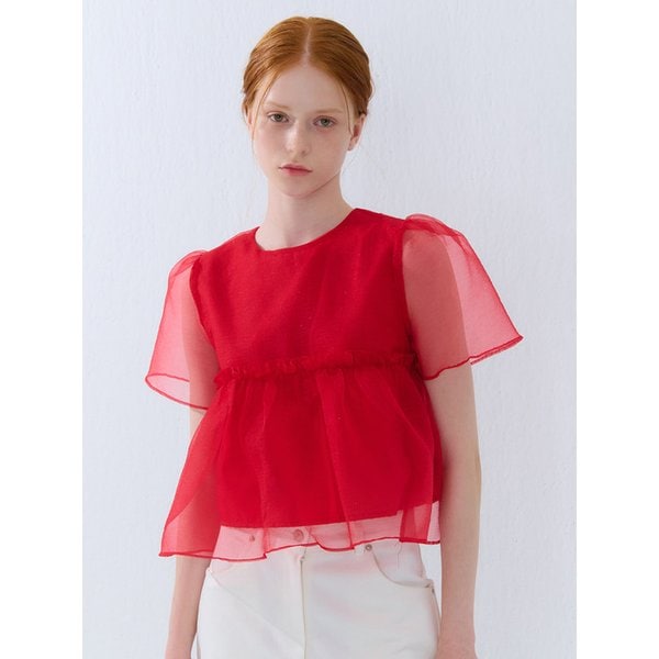 SUMMER ORGANZA SHIRRING BLOUSE RED