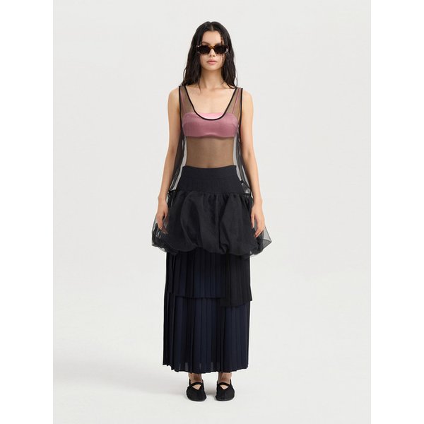 Color Mix Pleats Back Banding Long Skirt (dark navy) LFKAA25130NYD