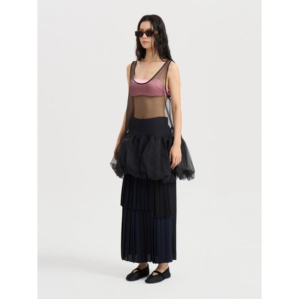 Color Mix Pleats Back Banding Long Skirt (dark navy) LFKAA25130NYD
