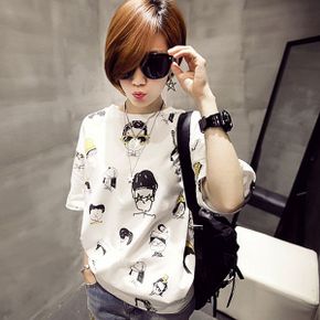 페이스 일러스트 패턴 반팔 티셔츠 BI A200150_P340365713