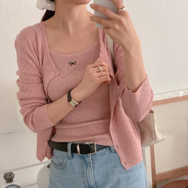 [옷자락] 여자 벚꽃룩 스카시 리본 끈나시 니트 가디건 봄 세트