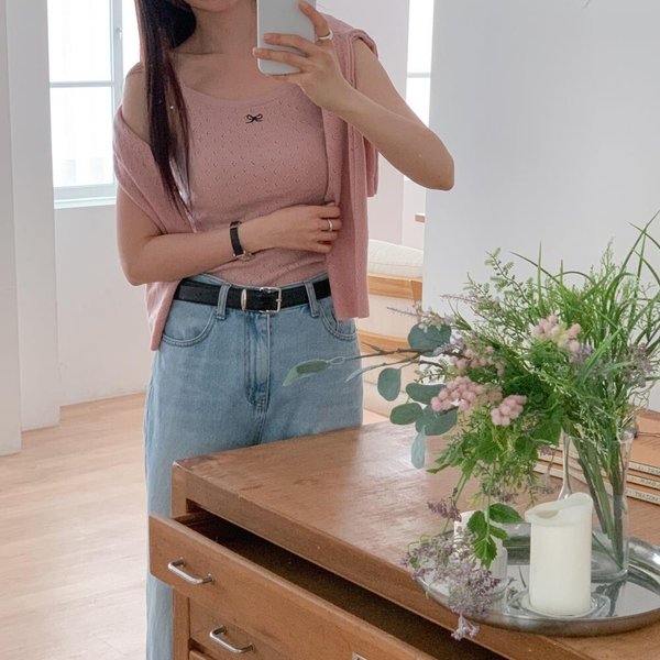 [옷자락] 여자 벚꽃룩 스카시 리본 끈나시 니트 가디건 봄 세트