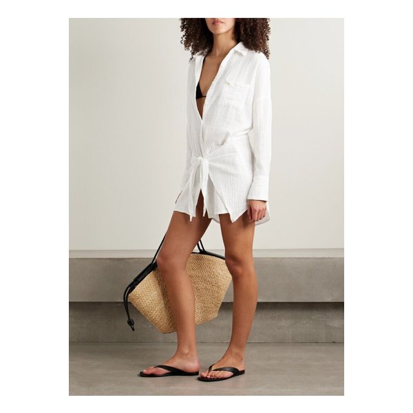 멜리사 오다바시 사라 타이 프론트 크링클 코튼 거즈 미니 셔츠 드레스 46376663162895133