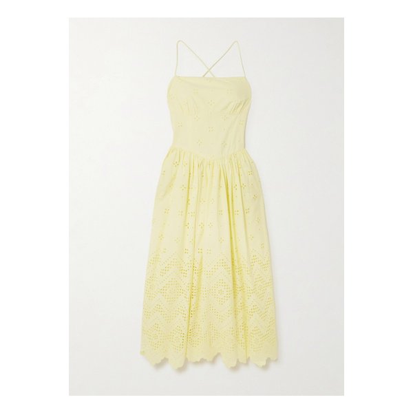 드로스트링 브로드리 앙글레즈 코튼 미디 드레스 옐로 46376663162843736