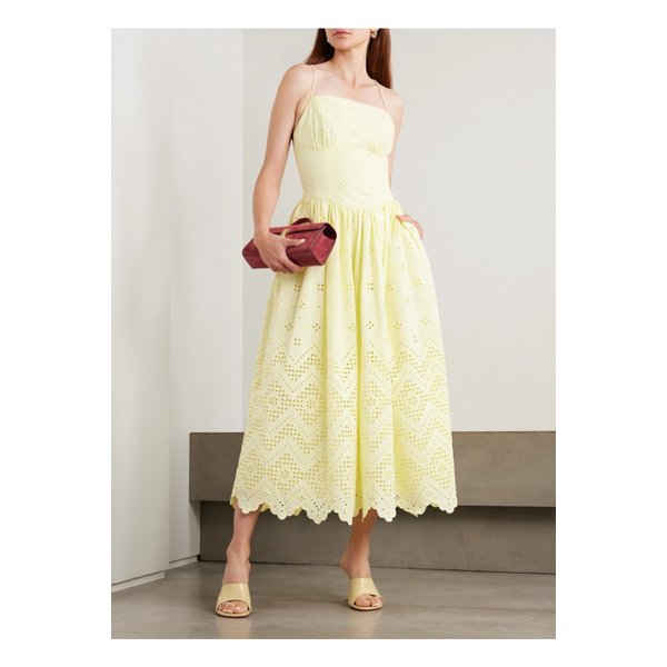 드로스트링 브로드리 앙글레즈 코튼 미디 드레스 옐로 46376663162843736