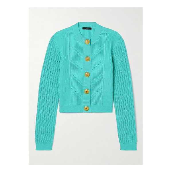 버튼 장식 리브 포인텔 니트 가디건 터쿼이즈 1647597336772033