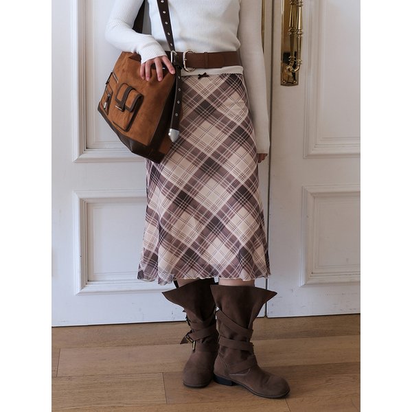 Ribbon Point Feminine Check Midi Skirt Beige