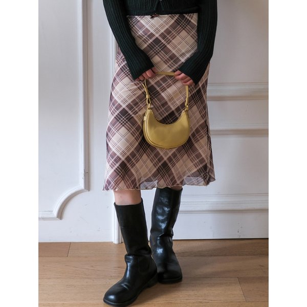 Ribbon Point Feminine Check Midi Skirt Beige