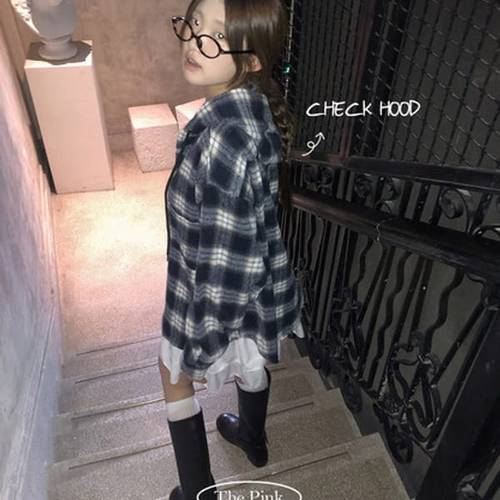 더핑크 / 엘릭 오버핏 빈티지 체크 패 턴 후드 긴팔 남방 셔츠