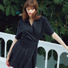 PLEATS DETAIL HALF SLEEVES WRAP ONEPIECE_BLACK