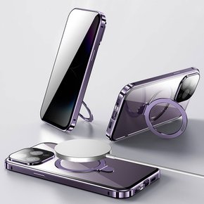 아이폰14 13 12 PRO MAX 마그네틱 링 거치대 양면 풀커버 사생활보호 강화유리 투명 하드 케이스